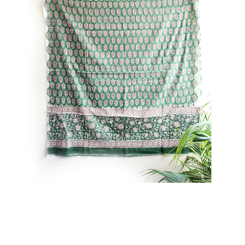 Baagru Hand Block Printed Cotton Mulmul Green Color Dupatta 115X225 Cm