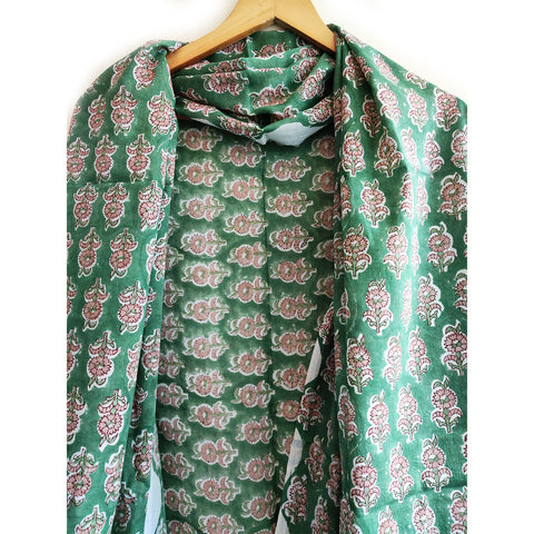 Baagru Hand Block Printed Cotton Mulmul Green Color Dupatta 115X225 Cm