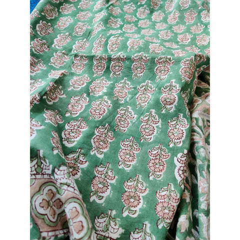 Baagru Hand Block Printed Cotton Mulmul Green Color Dupatta 115X225 Cm