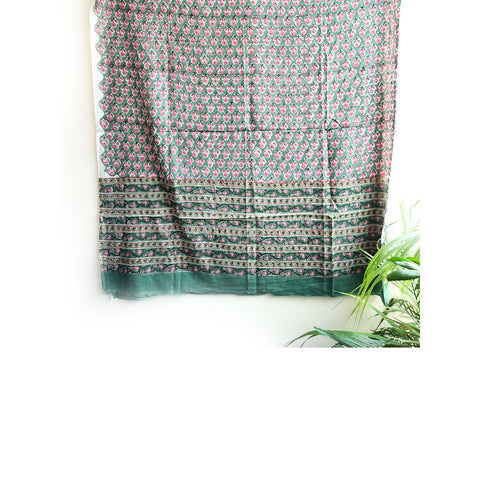 Baagru Hand Block Printed Cotton Mulmul Green Dupatta 115X225 Cm