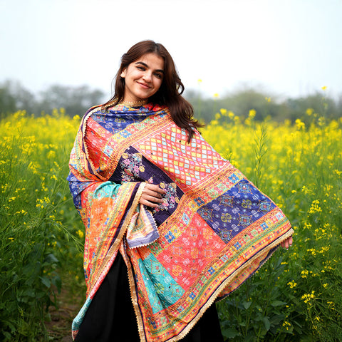 Pakistani Digital Printed Chinnon Multicoloured Dupatta With Heavy Mirror Work