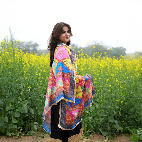 Pakistani Digital Printed Chinnon Multicoloured Dupatta With Heavy Mirror Work