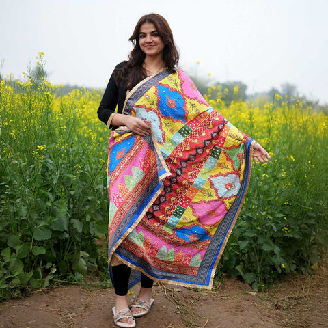 Pakistani Digital Printed Chinnon Multicoloured Dupatta With Heavy Mirror Work